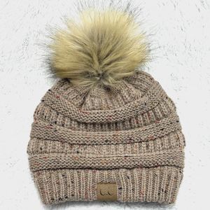C.C Exclusives Camel Confetti Faux Fur Pom Pom Beanie Ribbed Knit Stretch Cozy